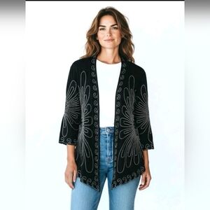 Objects D'art Black Open Front Artsy Embroidered Cardigan,  Size XL